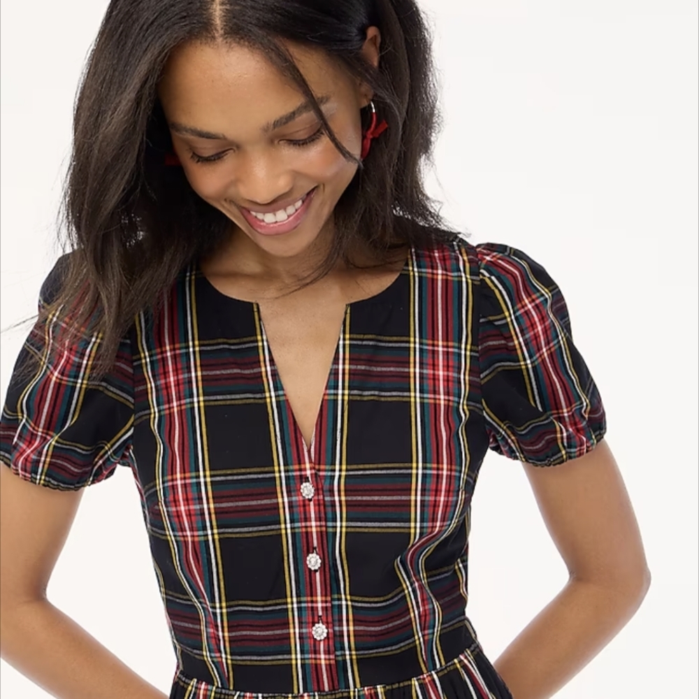 JCrew Stewart Tartan Puff Sleeve Midi Dress